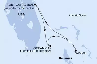 MSC SEASHORE - útvonalterv 4 éjszaka indulás Port Canaveral, United States kelt 06/10/2024 - Port Canaveral,Ocean Cay,Nassau,Port Canaveral