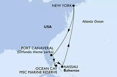 MSC MERAVIGLIA - útvonalterv 7 éjszaka indulás New York, United States kelt 03/03/2024 - New York,Port Canaveral,Ocean Cay,Nassau,New York