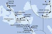 Bari,Zadar,Trieste,Katakolon,Heraklion,Rhodes,Suez Canal North,Suez Canal South,Sokhna Port,Safaga,Aqaba,Salalah,Port Louis,Port Louis,La Possession,Durban