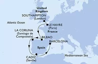 Southampton,Le Havre,Bilbao,La Coruna,Cadiz,Barcelona