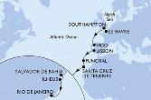 Le Havre,Southampton,Vigo,Lisbon,Funchal,Santa Cruz de Tenerife,Salvador,Ilheus,Rio de Janeiro