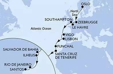 Oslo,Zeebrugge,Le Havre,Southampton,Vigo,Lisbon,Funchal,Santa Cruz de Tenerife,Salvador,Ilheus,Rio de Janeiro,Santos