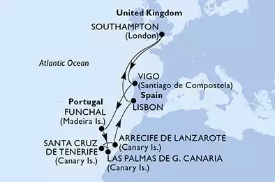 Southampton,Vigo,Funchal,Las Palmas de G.Canaria,Santa Cruz de Tenerife,Arrecife de Lanzarote,Lisbon,Southampton