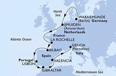Warnemunde,IJmuiden,La Rochelle,Bilbao,Lisbon,Gibraltar,Valencia,Genoa