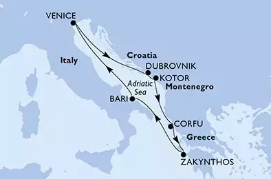 MSC ARMONIA - útvonalterv 7 éjszaka indulás Bari, Italy kelt 15/09/2024 - Bari,Venice,Dubrovnik,Kotor,Corfu,Zakynthos,Bari