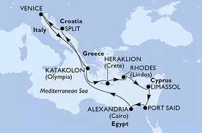 MSC LIRICA - útvonalterv 11 éjszaka indulás Venice, Italy kelt 26/10/2024 - Venice,Katakolon,Heraklion,Rhodes,Limassol,Port Said,Alexandria,Split,Venice