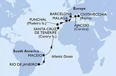 MSC ARMONIA - útvonalterv 17 éjszaka indulás Rio de Janeiro, Brazil kelt 18/03/2024 - Rio de Janeiro,Rio de Janeiro,Maceio,Santa Cruz de Tenerife,Funchal,Malaga,Barcelona,Ajaccio,Civitavecchia