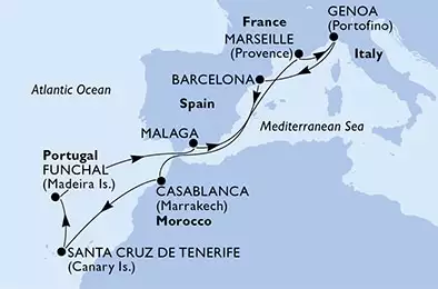 Marseille,Genoa,Barcelona,Casablanca,Santa Cruz de Tenerife,Funchal,Malaga,Marseille