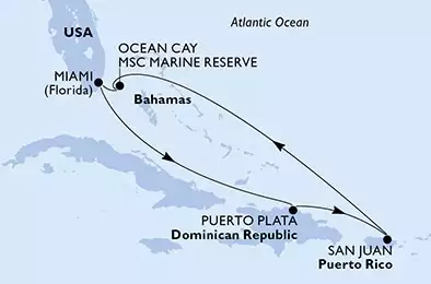 MSC WORLD AMERICA - útvonalterv 7 éjszaka indulás Miami, United States kelt 07/06/2025 - Miami,Puerto Plata,San Juan,Ocean Cay,Miami