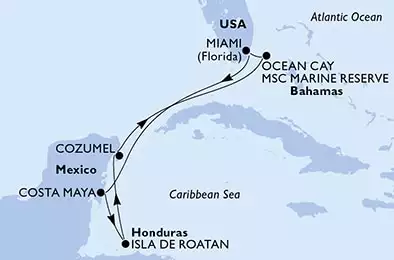 MSC WORLD AMERICA - útvonalterv 7 éjszaka indulás Miami, United States kelt 17/05/2025 - Miami,Costa Maya,Isla de Roatan,Cozumel,Ocean Cay,Miami