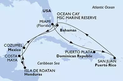 MSC WORLD AMERICA - útvonalterv 14 éjszaka indulás Miami, United States kelt 19/07/2025 - Miami,Puerto Plata,San Juan,Ocean Cay,Miami,Costa Maya,Isla de Roatan,Cozumel,Ocean Cay,Miami