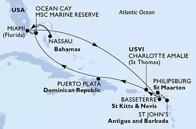 Miami,Basseterre,Philipsburg,St John s,Charlotte Amalie,Puerto Plata,Ocean Cay,Miami,Ocean Cay,Nassau,Miami