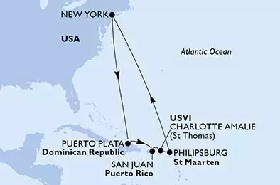 New York,Puerto Plata,San Juan,Charlotte Amalie,Philipsburg,New York