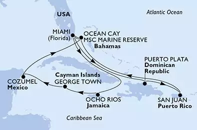 Miami,Ocho Rios,George Town,Cozumel,Ocean Cay,Miami,Puerto Plata,San Juan,Ocean Cay,Miami