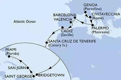 Genoa,Civitavecchia,Palermo,Barcelona,Valencia,Cadiz,Santa Cruz de Tenerife,Bridgetown,Saint George,San Juan,Miami