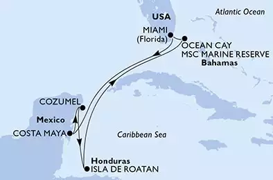 MSC SEASIDE - útvonalterv 7 éjszaka indulás Miami, United States kelt 19/01/2025 - Miami,Costa Maya,Cozumel,Isla de Roatan,Ocean Cay,Miami