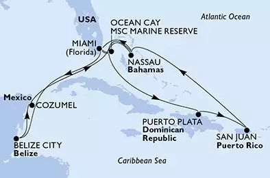 Miami,Ocean Cay,Puerto Plata,San Juan,Nassau,Miami,Belize City,Cozumel,Nassau,Ocean Cay,Miami