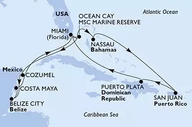 Miami,Ocean Cay,Nassau,San Juan,Puerto Plata,Miami,Ocean Cay,Cozumel,Belize City,Costa Maya,Miami