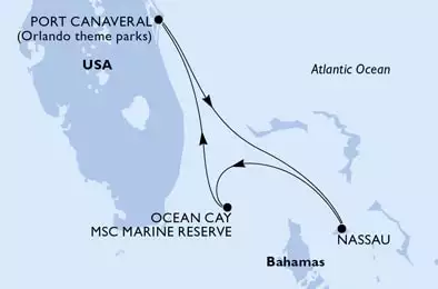 MSC SEASHORE - útvonalterv 3 éjszaka indulás Port Canaveral, United States kelt 07/11/2024 - Port Canaveral,Nassau,Ocean Cay,Port Canaveral