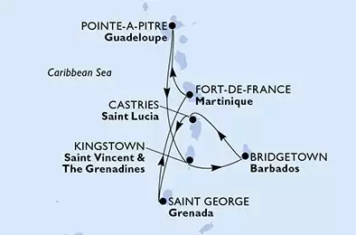 Fort de France,Pointe-a-Pitre,Kingstown ,Bridgetown,Castries,Saint George,Fort de France