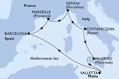 MSC WORLD EUROPA - útvonalterv 7 éjszaka indulás Civitavecchia, Italy kelt 09/12/2024 - Civitavecchia,Palermo,Valletta,Barcelona,Marseille,Genoa,Civitavecchia