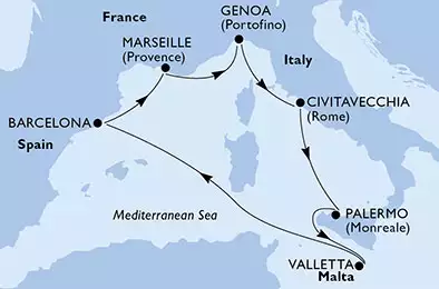 MSC WORLD EUROPA - útvonalterv 7 éjszaka indulás Palermo, Italy kelt 10/12/2024 - Palermo,Valletta,Barcelona,Marseille,Genoa,Civitavecchia,Palermo