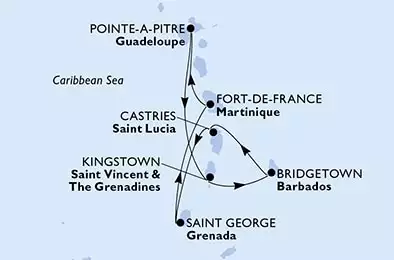Pointe-a-Pitre,Kingstown,Bridgetown,Castries,Saint George,Fort de France,Pointe-a-Pitre