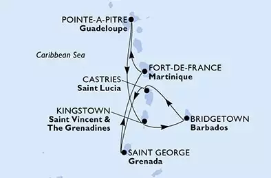MSC VIRTUOSA - útvonalterv 7 éjszaka indulás Pointe-a-Pitre, Guadeloupe kelt 22/12/2024 - Pointe-a-Pitre,Kingstown,Bridgetown,Castries,Saint George,Fort de France,Pointe-a-Pitre