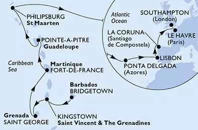 Bridgetown,Kingstown,Saint George,Fort de France,Pointe-a-Pitre,Philipsburg,Ponta Delgada,Lisbon,La Coruna,Le Havre,Southampton