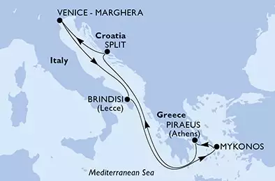 MSC ARMONIA - útvonalterv 7 éjszaka indulás Venice-Marghera, Italy kelt 25/05/2025 - Venice-Marghera,Brindisi,Mykonos,Piraeus,Split,Venice-Marghera