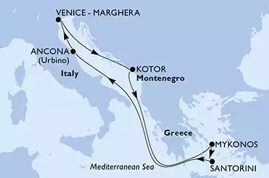 MSC LIRICA - útvonalterv 7 éjszaka indulás Ancona, Italy kelt 25/04/2025 - Ancona,Venice-Marghera,Kotor,Mykonos,Mykonos,Santorini,Ancona