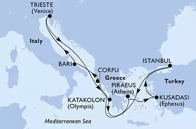 Trieste,Katakolon,Piraeus,Kusadasi,Istanbul,Corfu,Bari,Trieste