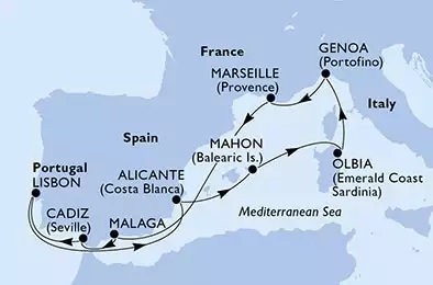 MSC MUSICA - útvonalterv 10 éjszaka indulás Olbia, Italy kelt 25/04/2025 - Olbia,Genoa,Marseille,Malaga,Cadiz,Lisbon,Alicante,Mahon,Olbia