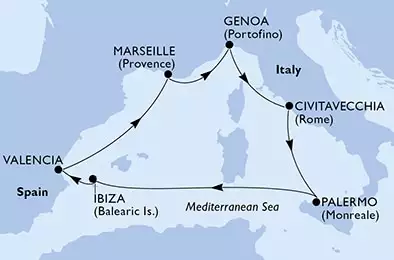 MSC GRANDIOSA - útvonalterv 7 éjszaka indulás Valencia, Spain kelt 15/05/2025 - Valencia,Marseille,Genoa,Civitavecchia,Palermo,Ibiza,Valencia