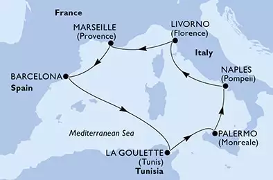 MSC SEASIDE - útvonalterv 7 éjszaka indulás Livorno, Italy kelt 15/06/2025 - Livorno,Marseille,Barcelona,La Goulette,Palermo,Naples,Livorno