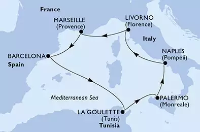 MSC SEASIDE - útvonalterv 7 éjszaka indulás Palermo, Italy kelt 25/04/2025 - Palermo,Naples,Livorno,Marseille,Barcelona,La Goulette,Palermo