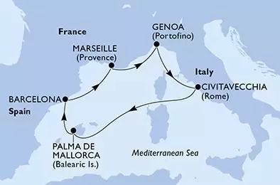 Barcelona,Marseille,Genoa,Civitavecchia,Palma de Mallorca,Barcelona