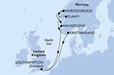 Southampton,Haugesund,Nordfjordeid,Flaam,Kristiansand,Southampton