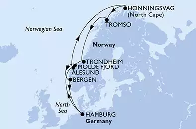 Hamburg,Alesund,Honningsvag,Tromso,Trondheim,Molde Fjord,Bergen,Hamburg