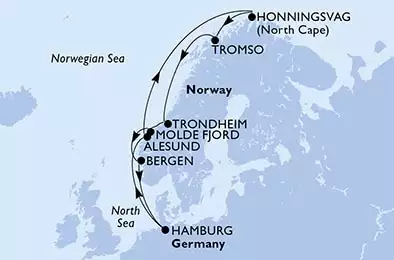 MSC PREZIOSA - útvonalterv 11 éjszaka indulás Hamburg,Germany kelt 29/05/2025 - Hamburg,Alesund,Honningsvag,Tromso,Trondheim,Molde Fjord,Bergen,Hamburg