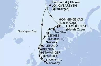 Hamburg,Stavanger,Alesund,Longyearbyen,Honningsvag,Hammerfest,Tromso,Leknes,Bergen,Hamburg