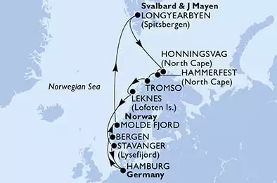 Hamburg,Bergen,Molde Fjord,Longyearbyen,Honningsvag,Hammerfest,Tromso,Leknes,Stavanger,Hamburg