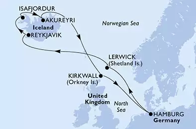 MSC PREZIOSA - útvonalterv 11 éjszaka indulás HamburgGermany kelt 21/08/2025 - Germany,United Kingdom,Iceland