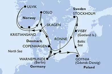 Warnemunde,Skagen,Ulvik,Kristiansand,Oslo,Copenhagen,Warnemunde,Ronne,Gdynia,Visby,Stockholm,Copenhagen,Warnemunde