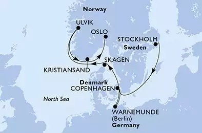 Stockholm,Copenhagen,Warnemunde,Skagen,Ulvik,Kristiansand,Oslo