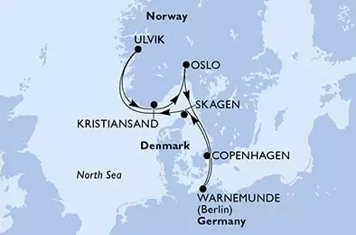 Copenhagen,Warnemunde,Skagen,Ulvik,Kristiansand,Oslo,Copenhagen