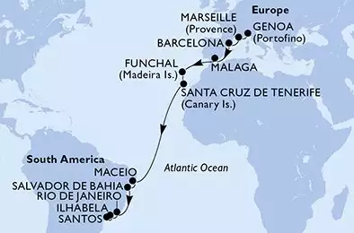Genoa,Marseille,Barcelona,Malaga,Funchal,Santa Cruz de Tenerife,Maceio,Salvador,Rio de Janeiro,Ilhabela,Santos