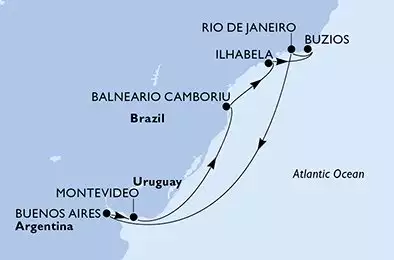 Buenos Aires,Montevideo,Balneario Camboriu,Ilhabela,Buzios,Rio de Janeiro,Buenos Aires