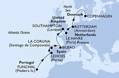 Funchal,Leixoes,La Coruna,Bilbao,Southampton,Le Havre,Rotterdam,Copenhagen