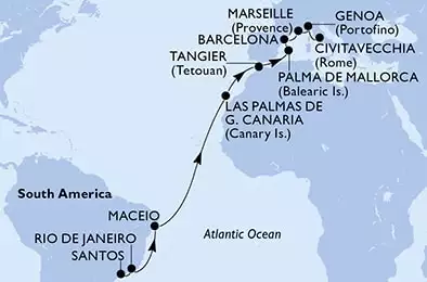 Santos,Rio de Janeiro,Maceio,Las Palmas de G.Canaria,Tangier,Palma de Mallorca,Barcelona,Marseille,Genoa,Civitavecchia